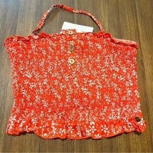 Roxy Smocked Halter Top Floral Print Ruffle Trim‎ Sleeveless Red S